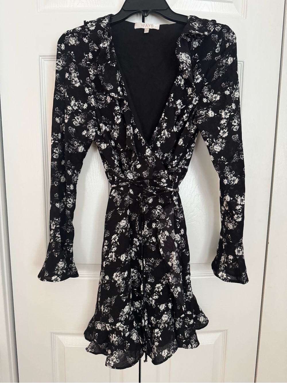 Wayf Black and White Floral Long-Sleeve Wrap Dress